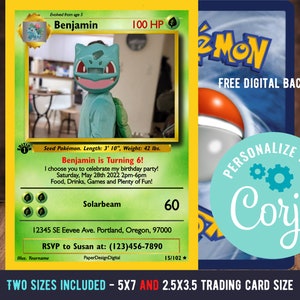 Pokemone Card Birthday Invitation with Picture Photo Printable Editable Template Corjl Digital or Printed Birthday Invitation