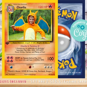 Zaproszenie na urodziny Pokemone Card ze zdjęciem, do wydrukowania i edycji, szablon Corjl, cyfrowe lub drukowane zaproszenie na urodziny