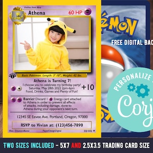 Pokemone Card Birthday Invitation with Picture Photo Printable Editable Template Corjl Digital or Printed Birthday Invitation