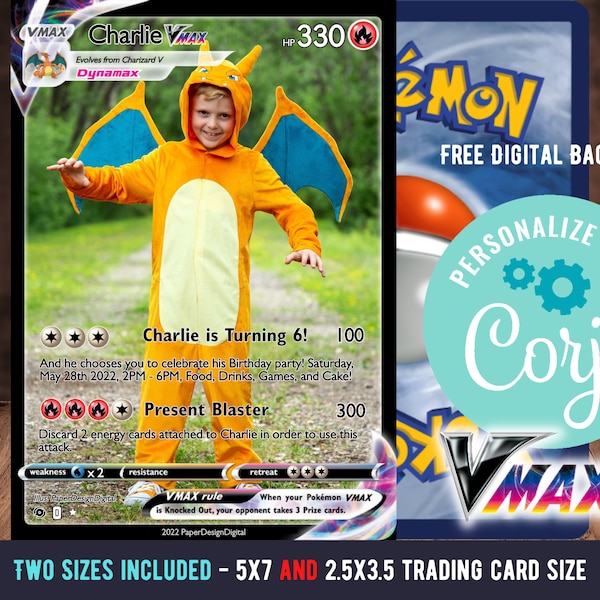 Vmax Pokemon卡模板模板生日邀請與圖片照片可編輯模板Corjl數字或印刷生日邀請