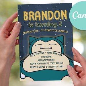 Convite de aniversário Pokémon Snorlax 5x7 Modelo de cartão para Canva, convite para festa Pokémon