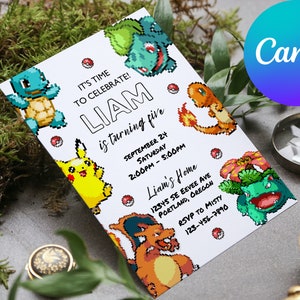 Pixelated Pokemone Birthday Boy Invitation Printable Editable Template Mobile Phone Evite Digital, Printed Electronic Invitation Card Canva