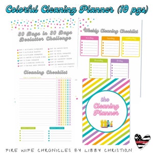 Könnte beinhalten: Ein farbenfroher Reinigungsplaner mit mehreren Seiten. Der Planer enthält eine 30-Tage-Entrümpelungs-Challenge, wöchentliche Reinigungschecklisten und eine Reinigungscheckliste. Das Cover zeigt ein gestreiftes Design mit den Worten "the Cleaning Planner".