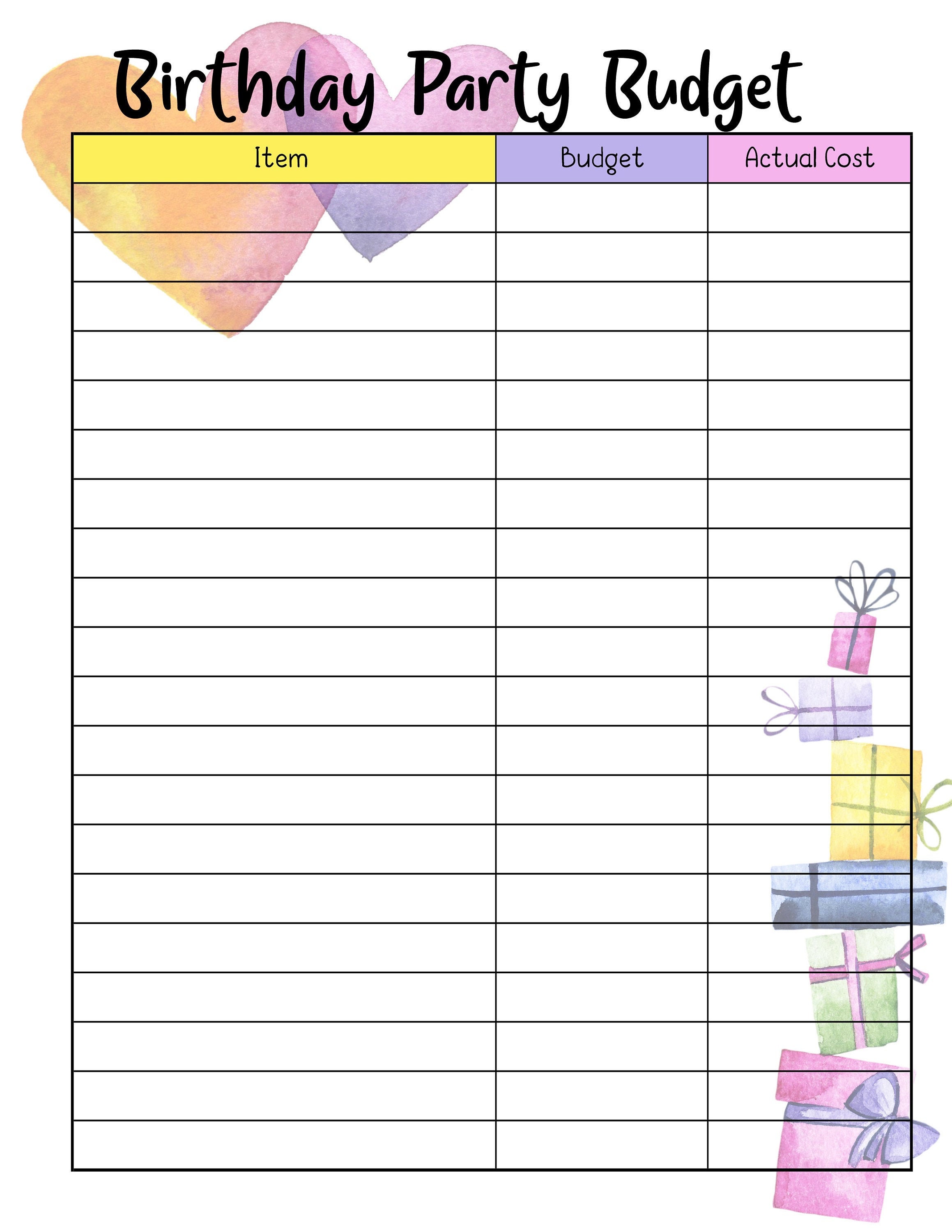 Colorful Birthday Party Budget Planning Printable Etsy