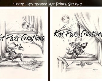Tooth Fairies, set of 2 art prints, sepia ink drawings, bird art, mouse art, creepy creatures, mythological animals, animal skeletons