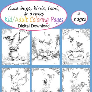 Birds, Bugs, and Food, Adult kid coloring pages |Digital download| print from home