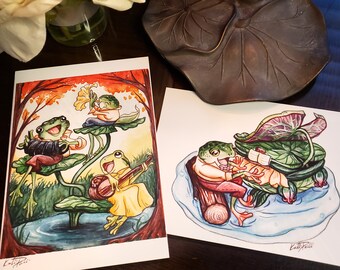 Frogs Playing Music, buy set of 2 art prints or separate print, 5x7 print size
