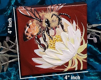 Bee on Red, original acrylic painting, small wall art, 4"x4" canvas thick paint