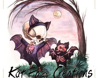Skellie and Bat, art print, wall art, halloween decor, bat art, skeleton, cute, macabre, spooky art, moon, bat skeleton, oragne purple