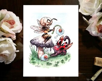 Skellie Bee and Ladybug Skellie Cat | Art Print | 8.5x11 or 5x7, surreal cute fantasy artwork