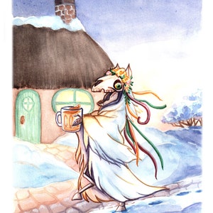 Mari Lwyd with drink, Art Print, 8.5x11 or 5x7, holiday decor, Christmas art, folk celebration