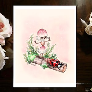 May include: A watercolor illustration of a pink and white mushroom-like creature standing on a log with a ladybug. The creature has a pink cap and white skirt. The ladybug is red with black spots. The background is a light pink.