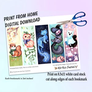 May include: Printable bookmarks featuring cute cat illustrations with various themes, including autumn, constellations, Halloween, and winter. Each bookmark is 2x6 inches and printed on white card stock. The text "Print from home, digital download" is at the top of the image.