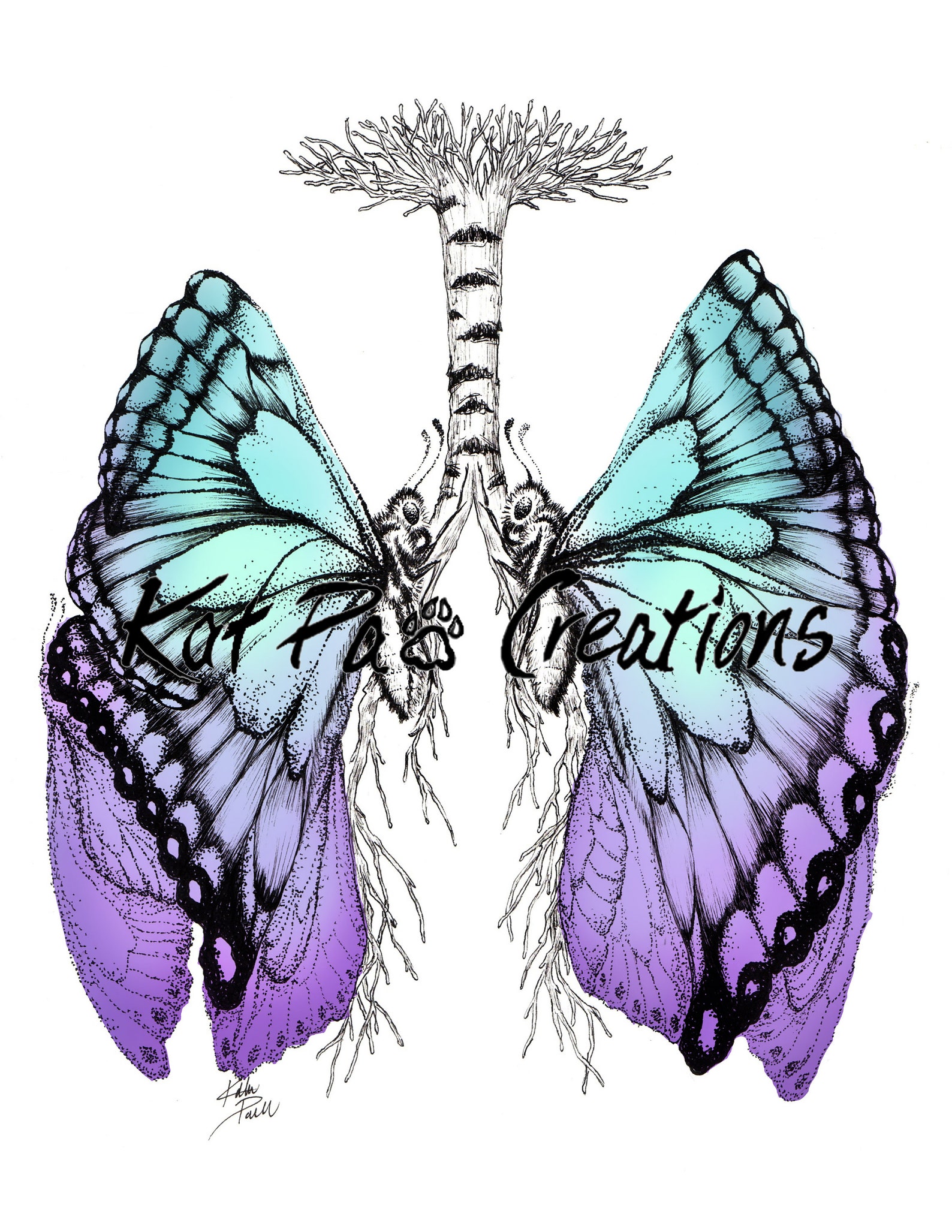 Butterfly Lungs Print Human Anatomy Art Print Ink Drawing image 1.