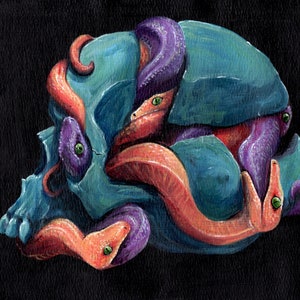Blue Skull Snakes, Original acrylic painting, 10&quot;x8&quot;