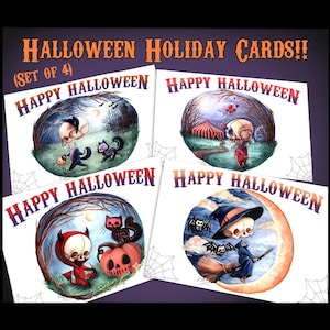 Halloween Postcards, Holiday Cards, Set of 4, w/ black gold envelopes