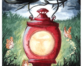 Lantern, art print, 5x7, over the garden wall, fan art, watercolor painting, fall decore, creepy, woods and moon