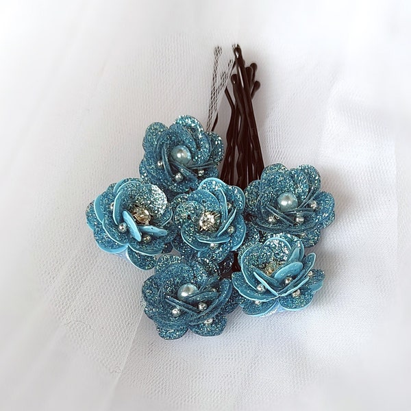 Mermaid hair pins, Teal blue hair pins, Flower hair pins, Sequin hair pins, Sequin Flower bobby pins,  Mermaid Party - Set of 6