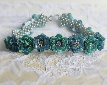 Teal Green Headband, Mermaid Themed Party Hairband, Sequin Flower Hair Accessory, Ballerina Bun Wrap, Bridal Diadem Mermaid, Aqua Hair Piece