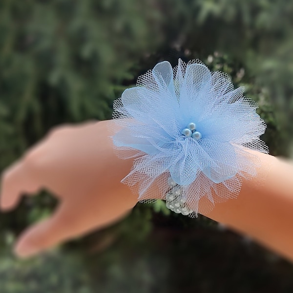 Flower Bracelet, Tulle flower Wrist Corsage, Pearl Bracelet, Flower Girl Bracelet,  Flower girl pearl Bracelet, Bridesmaid pearl bracelet