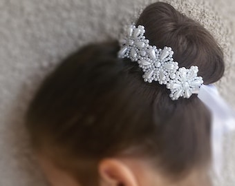 Envoltura de bollo de primera comunión, diadema de primera comunión, pieza de cabeza de primera comunión, accesorio de cabeza de primera comunión, envoltura de bollo de ballet, envoltura de perlas