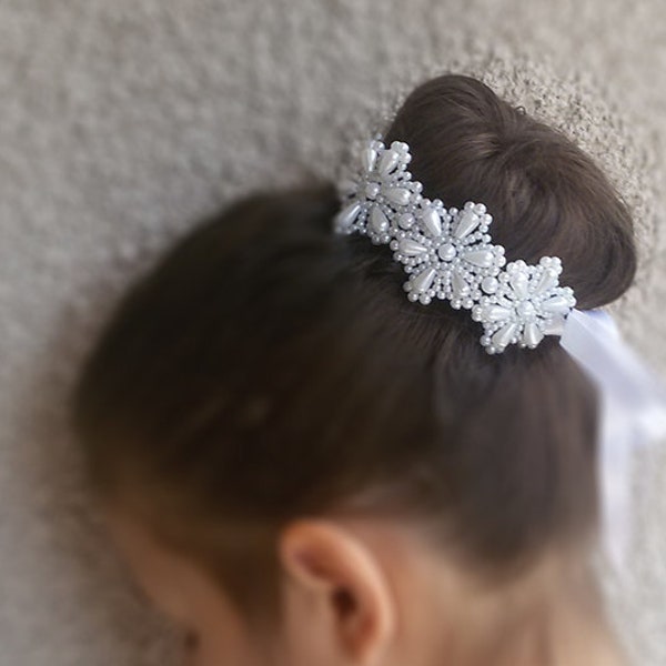 Écharpe de protection pour chignon de première communion, Bandeau de première communion, Pièce de tête de première communion, Accessoire de tête de première communion, Écharpe de protection pour chignon de danse classique, Écharpe de perles