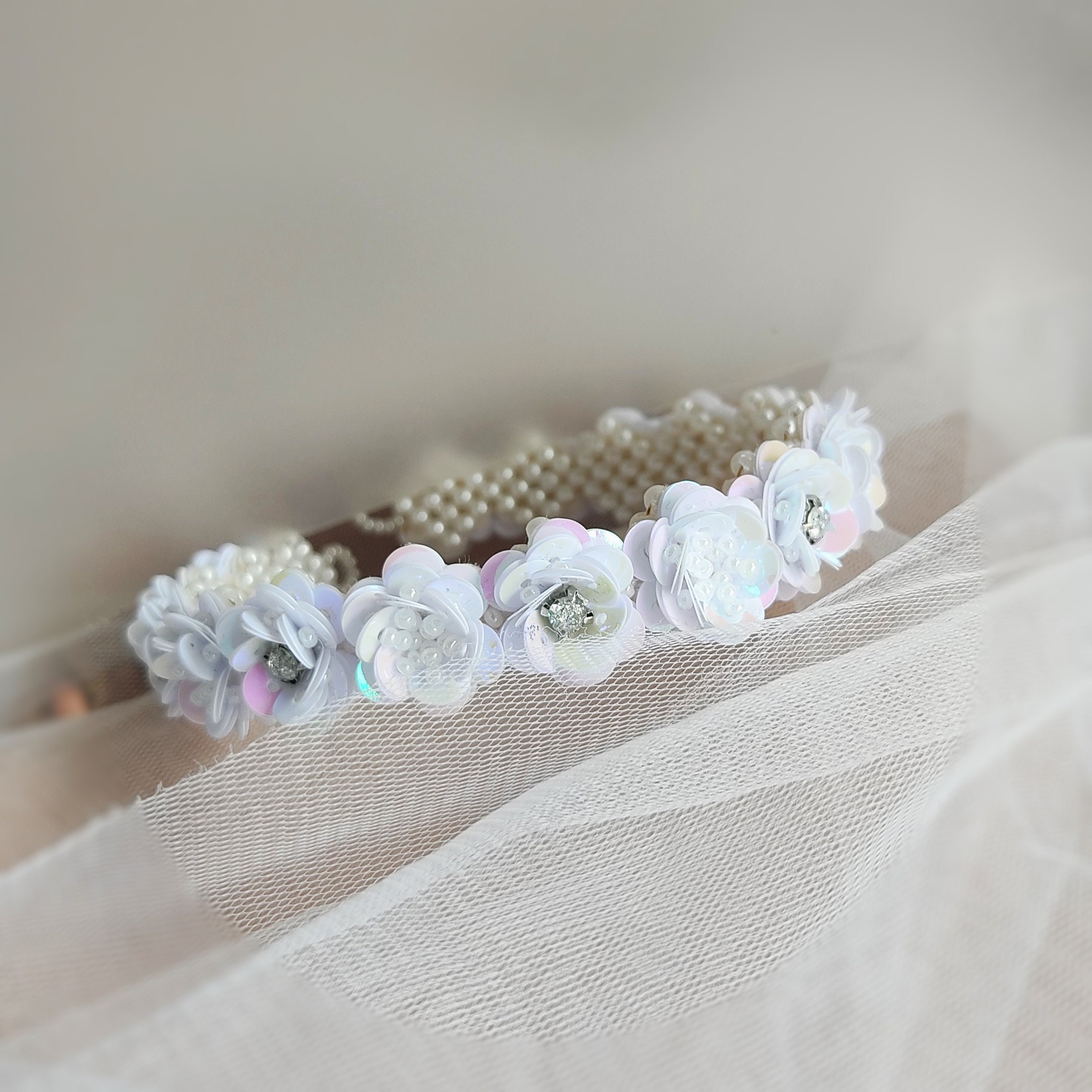 White elastic headband with bun and satin ribbon flower for women and girls White Headband With White Flowers Flower Girl Bridesmaid  main image 3
