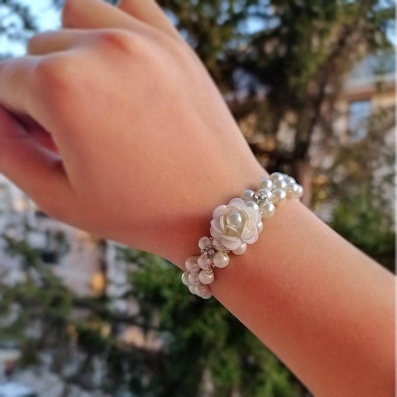 Flower Wrist Corsage, Flower Girl Pearl Bracelet, Wrist Flower, Pearl