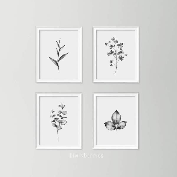 Set of 4 minimalist plants - Monochrome botanical art - Botanical art set - Black and white art prints - Minimalist decor - Leaves plants