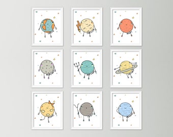 Planet bundle prints - 9 planet prints - Cute planet artwork - Set of 9 nursery prints - Educational posters for kids - Planet nursery print