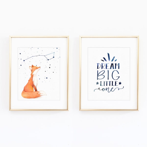 Set of 2 nursery prints - Nursery fox art - Constellation print - Ursa constellation - Orange fox - Watercolor prints - Baby boy nursery