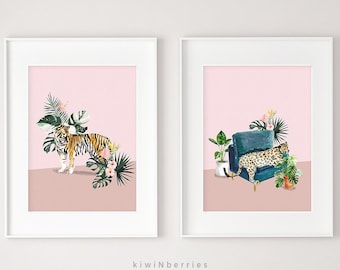 Jungle tiger and cheetah print, Jungle printable, Jungle cats, Cheetah leopard tiger, Pink and emerald, Tropical art prints, Botanical art