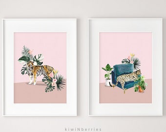 Jungle tiger and cheetah print, Jungle printable, Jungle cats, Cheetah leopard tiger, Pink and emerald, Tropical art prints, Botanical art