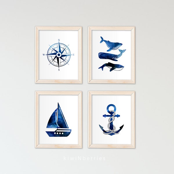 Baby boy nursery decor, Nautical wall art, whales boat anchor,  Navy blue, Watercolor art prints, Boy's wall art, Ocean sea maritime