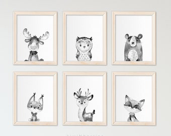 Nursery animals prints, Black and white, Printable nursery wall art, Woodland animals, Animal prints, Nursery prints, Forest baby animals