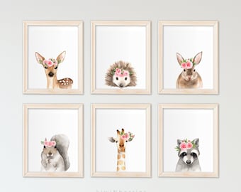 Woodland nursery decor - Baby girl nursery - Printable wall art - Woodland animals - Blush pink flower, Animal print set, Woodland prints