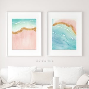 Pink beach print, Abstract Watercolor art, Watercolor prints, Abstract beach, Pink turquoise gold,Abstract prints, Living room double prints