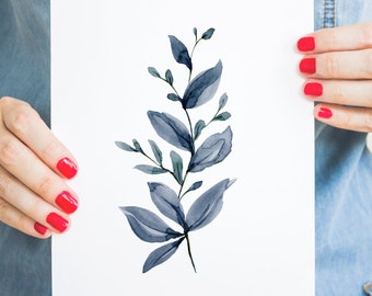 Indigo Botanical Art Print: Blue Leaves Illustration (Digital Download)