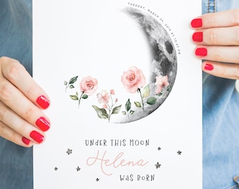 Personalized baby moon, Baby shower gift, Custom moon wall art, Pink flowers, Moon phases by date, Baby girl custom gift, Birth print gift