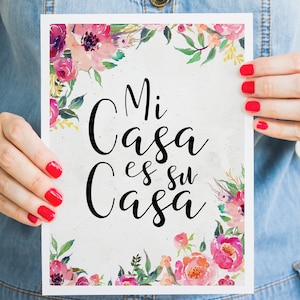 Mi casa es su casa print - Welcome sign - Floral watercolor art - Pink magenta print - Welcome wall art - Spanish quote print - Welcome home