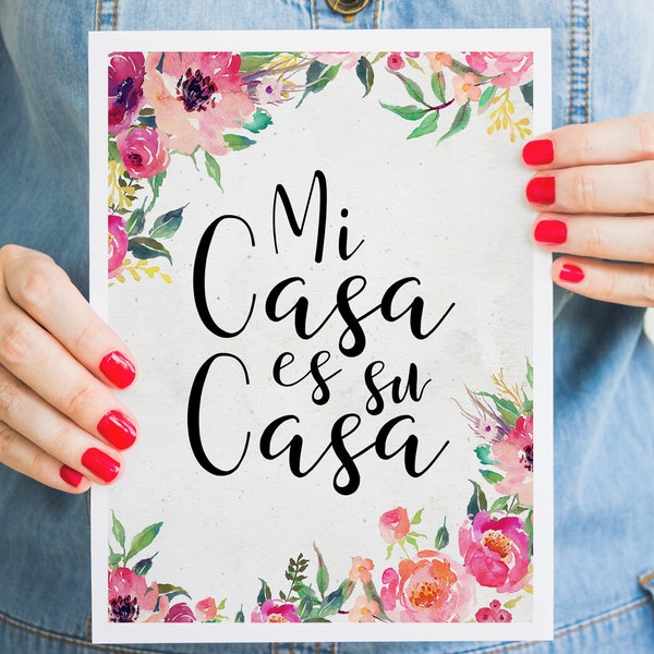 Mi casa es su casa print - Welcome sign - Floral watercolor art - Pink magenta print - Welcome wall art - Spanish quote print - Welcome home