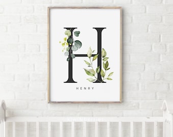 Baby Boy Nursery Initial Name Sign: Greenery Watercolor Print (Printable)