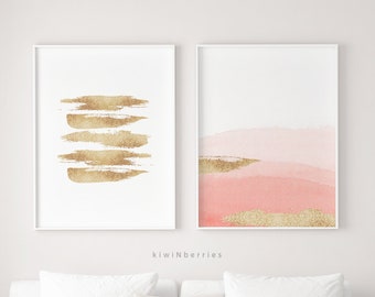 Abstract watercolor print, Watercolor abstract art, Watercolor print, Gold stroke Pink peach ombre, Abstract prints, Living room double