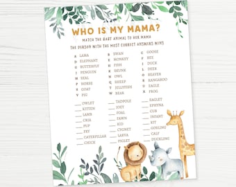 Who is my mama game, Baby shower games, Baby and Mommy game, Safari animals greenery, Lion giraffe elephant, Baby shower