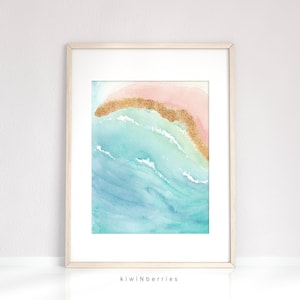 Pink beach print, Watercolor abstract art, Watercolor prints, Abstract beach, Pink turquoise gold, Abstract prints, Living room