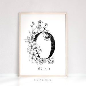 Rustikaler Namensdruck, Wandkunst mit individuellem Namen, einfaches minimalistisches Namensschild, botanische Namenskunst, Schwarz-Weiß, handgezeichnet, personalisierter Name