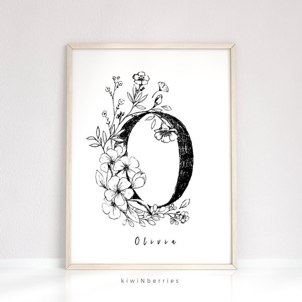 Rustic Name Print, Custom Name wall art, Simple Minimalistic name sign, Botanical name art, Black and white, Hand drawn, Personalized name