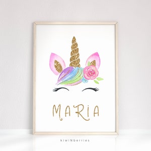 Arte de pared de unicornio personalizado - Impresión de nombre de unicornio - Póster de unicornio personalizado - Regalo de niña - Arte de pared de niña - Regalos personalizados