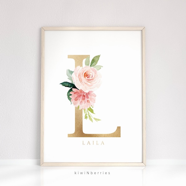 Boho nursery name, Baby shower gift, Baby girl wall art, Personalized prints, Blush pink and gold, Floral initial print - Custom name art