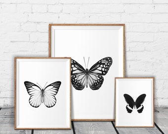Monochroom vlinderprintset: minimalistische zwart-witte muurkunst (digitale download)